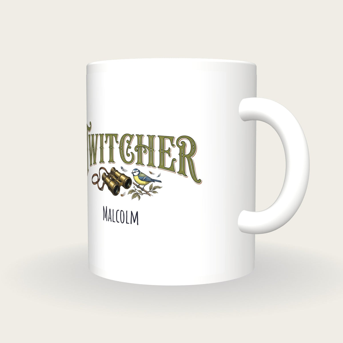 Personalised Twitcher Birdwatching Mug, three-quarter view