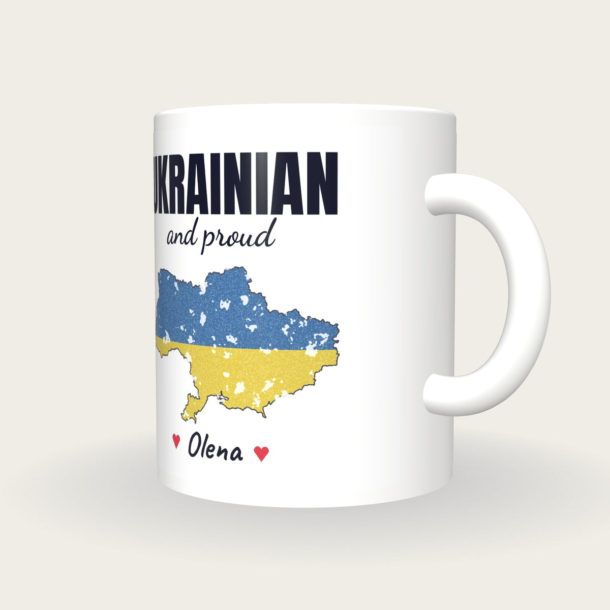 Personalised Ukraine Map Mug, Ukrainian And Proud, three-quarter view