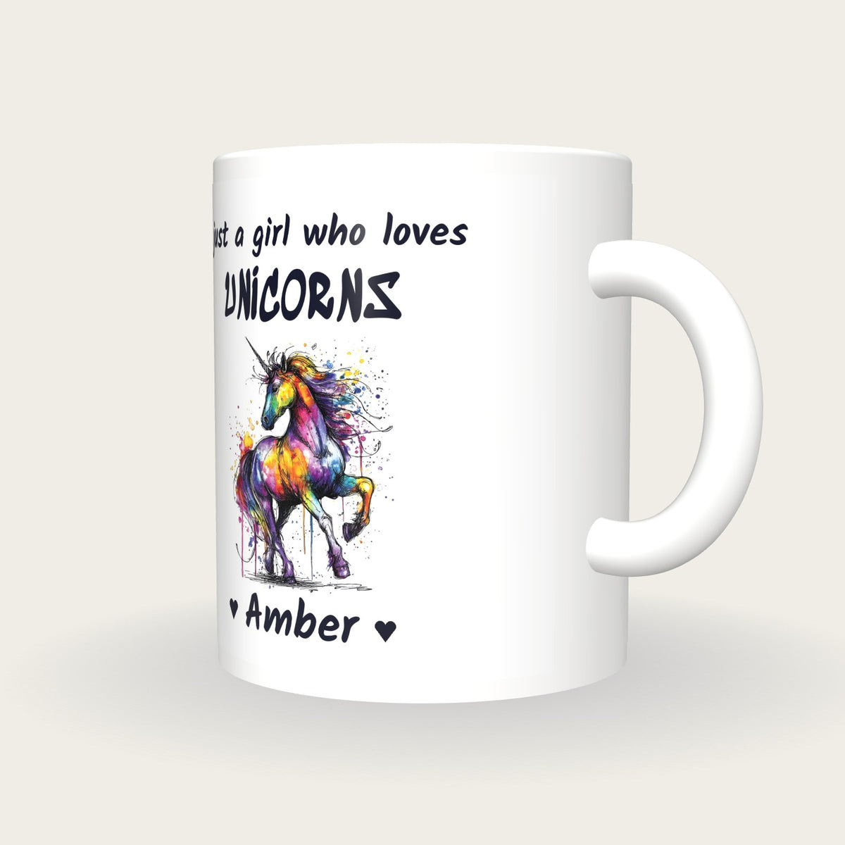Personalised Unicorn Mug, Just A Girl Who Loves Unicorns, three-quarter view