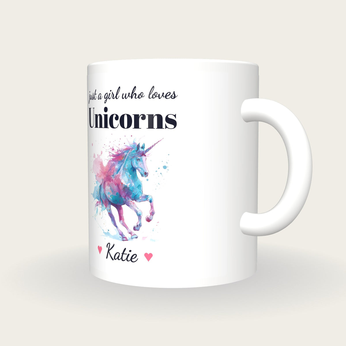 Personalised Unicorn Mug, Just A Girl Who Loves Unicorns, three-quarter view