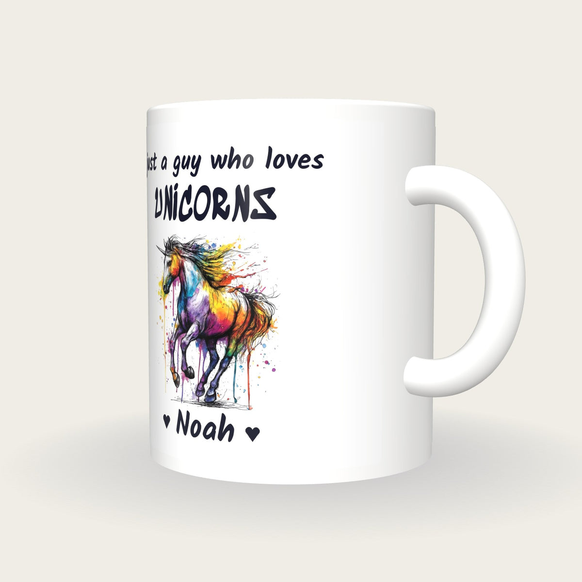 Personalised Unicorn Mug, Just A Guy Who Loves Unicorns, three-quarter view