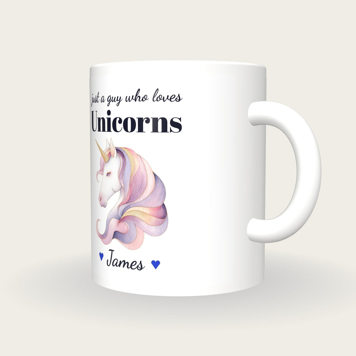 Personalised Unicorn Mug, Just A Guy Who Loves Unicorns, three-quarter view