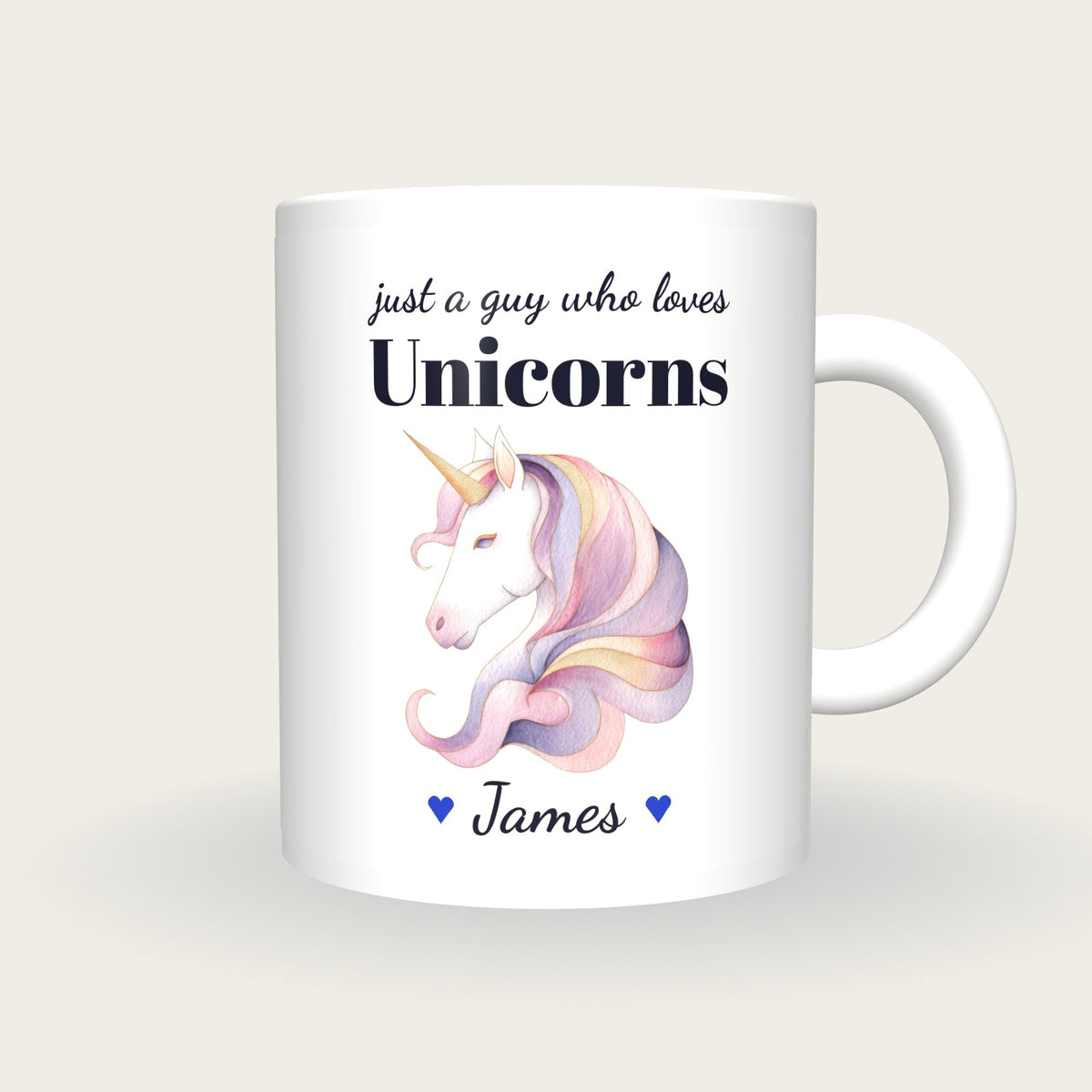 Personalised Unicorn Mug, Just A Guy Who Loves Unicorns, front