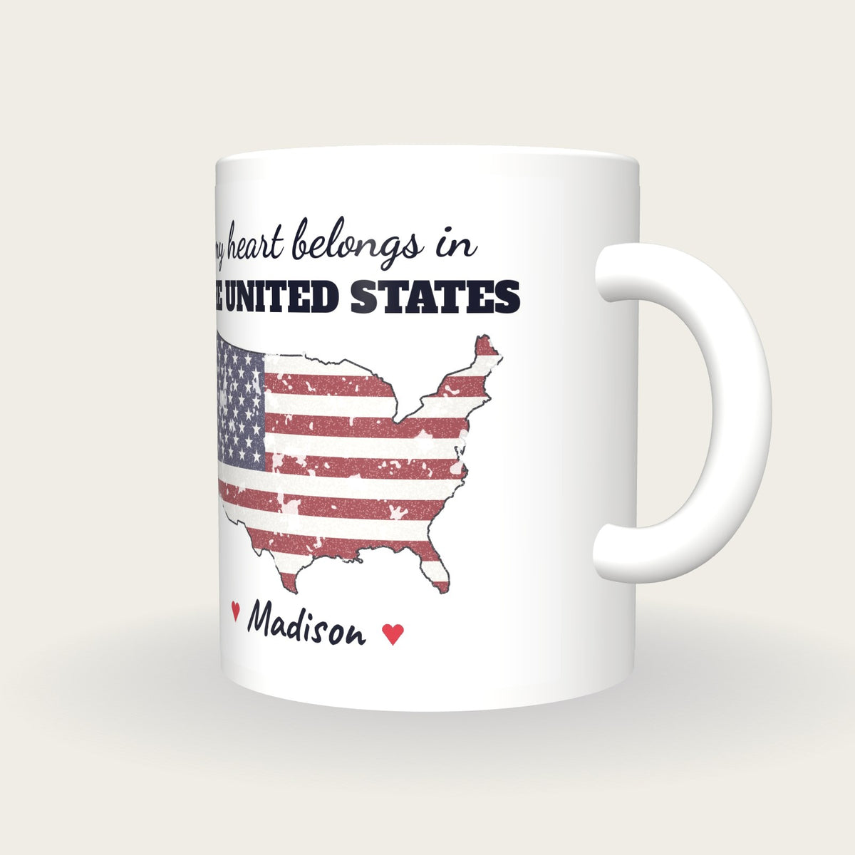 Personalised United States Map Mug, My Heart Belongs In The United States, three-quarter view