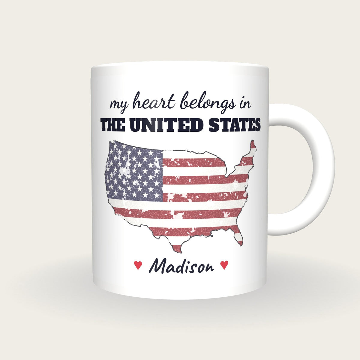 Personalised United States Map Mug, My Heart Belongs In The United States, front