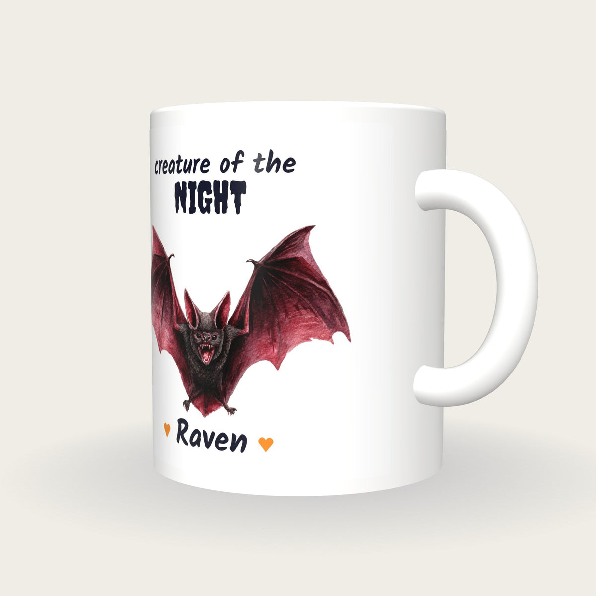 Personalised Vampire Bat Mug, Creature Of The Night, three-quarter view
