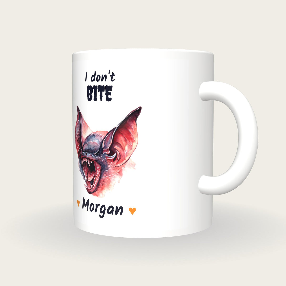Personalised Vampire Bat Mug, I Don't Bite, three-quarter view