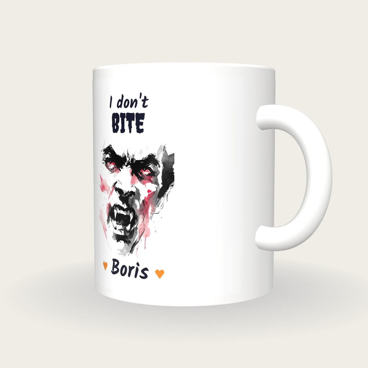 Personalised Vampire Portrait Mug, I Don't Bite, three-quarter view