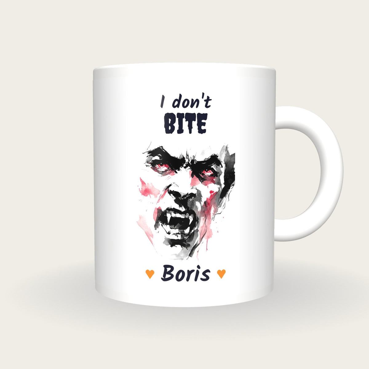 Personalised Vampire Portrait Mug, I Don't Bite, front