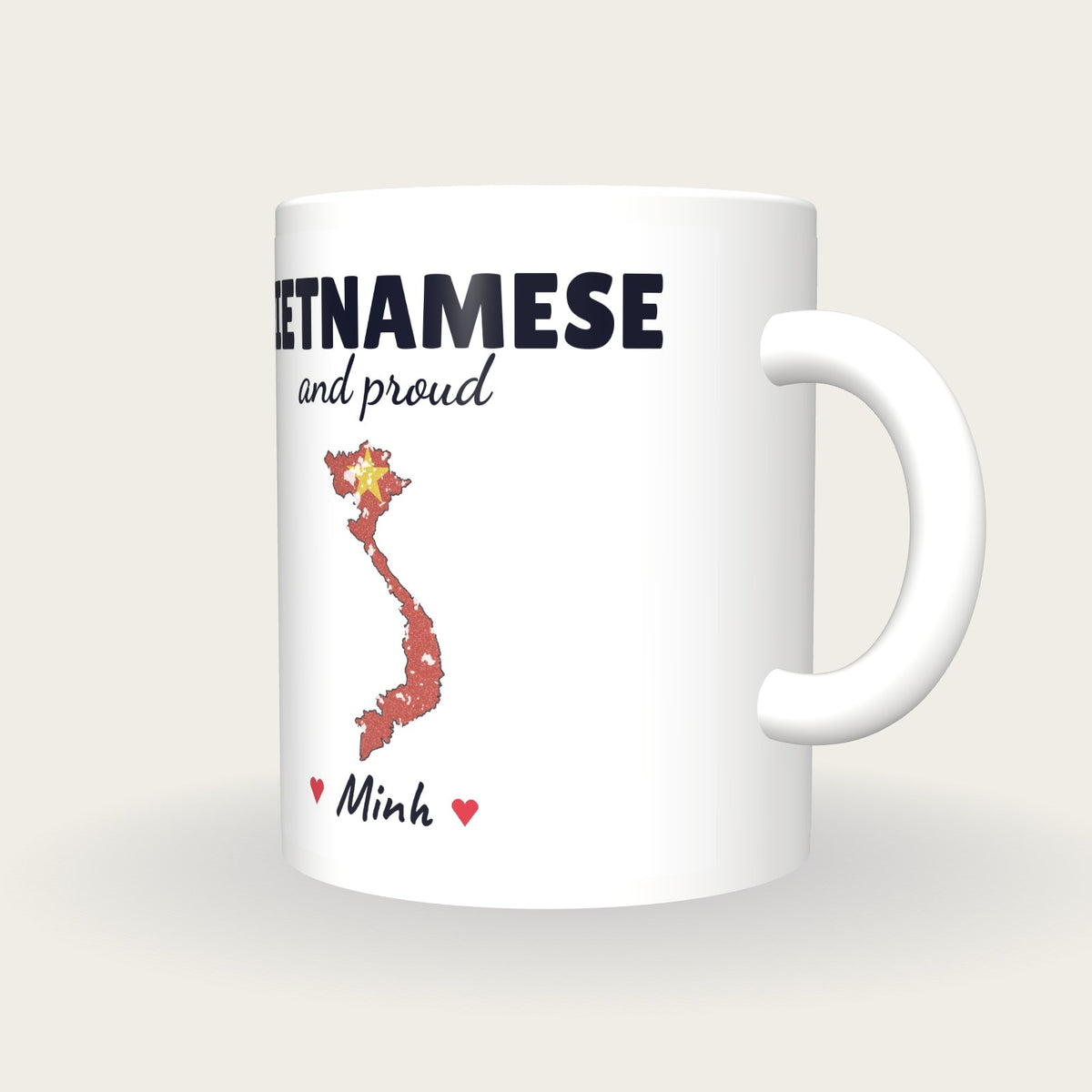 Personalised Vietnam Map Mug, Vietnamese And Proud, three-quarter view