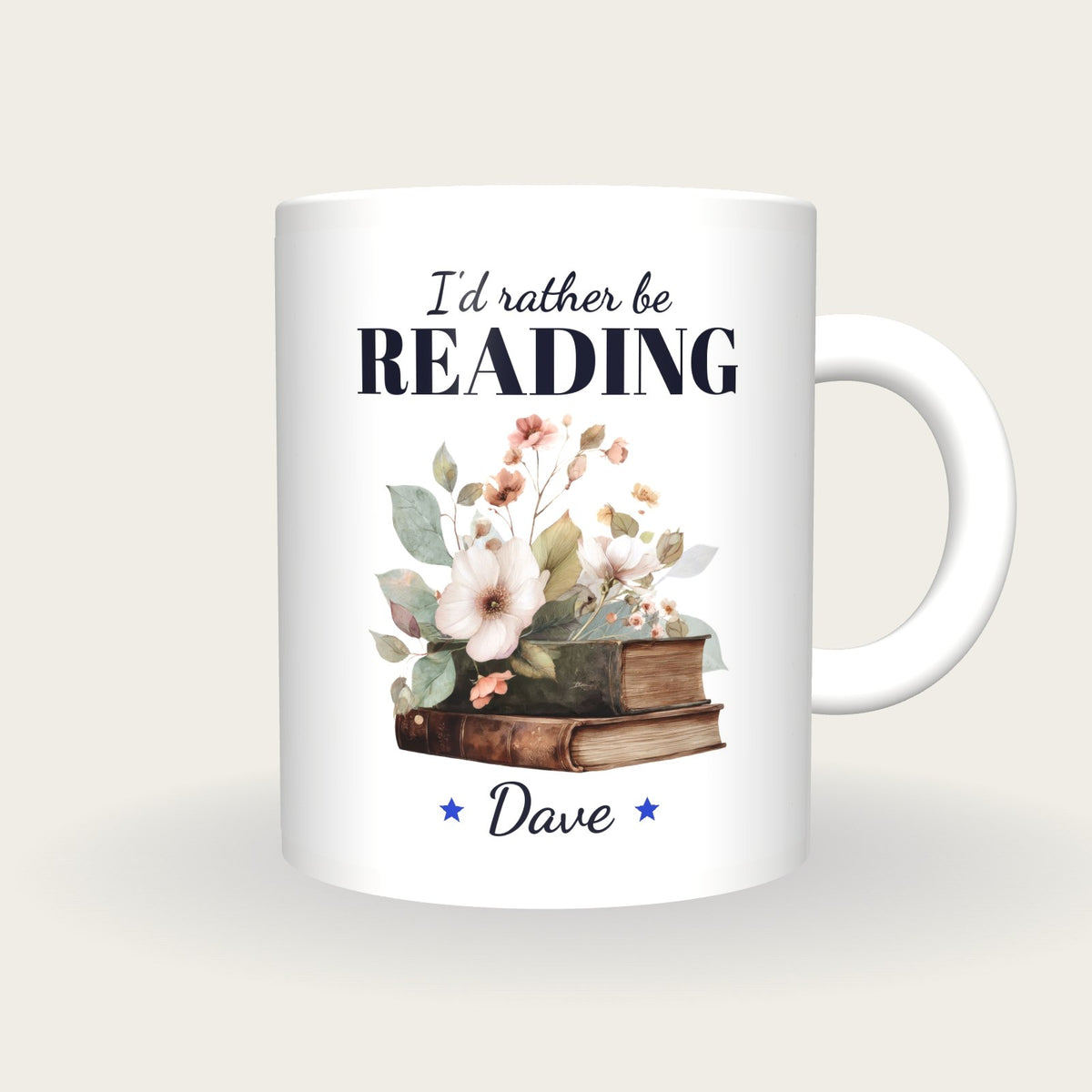 Personalised Vintage Books And Flowers Mug, I'd Rather Be Reading, front