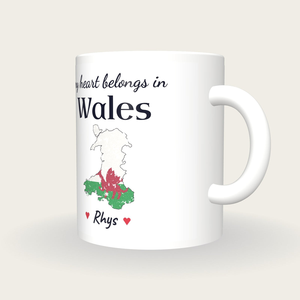 Personalised Wales Map Mug, My Heart Belongs In Wales, three-quarter view