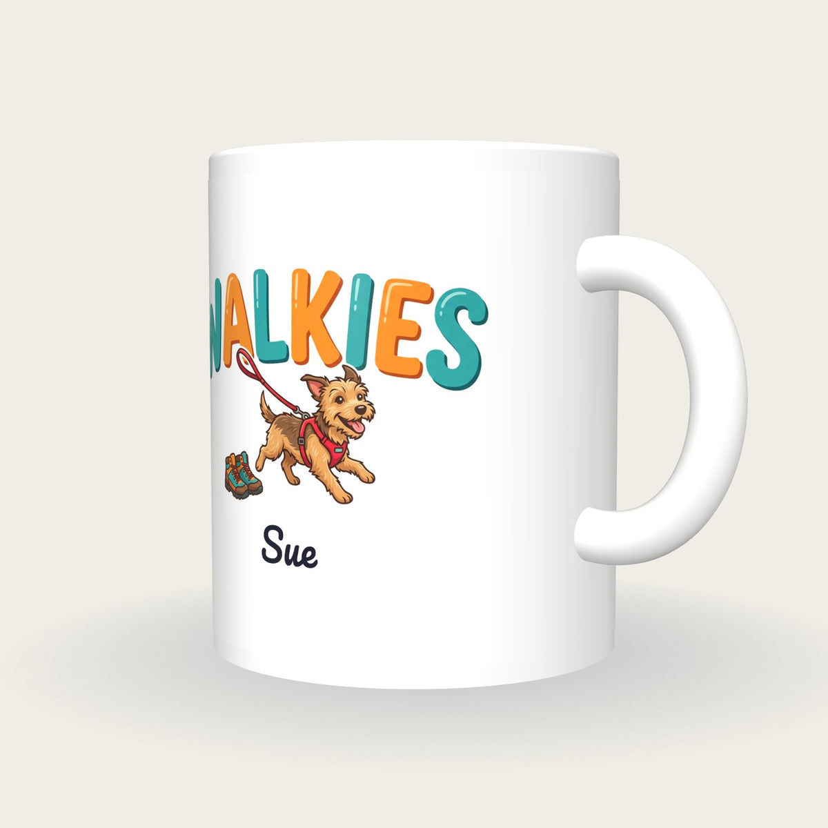 Personalised Walkies Dog Walking Mug, three-quarter view