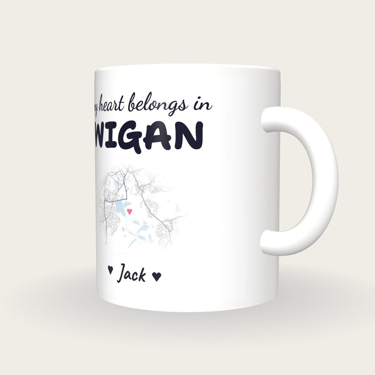Personalised Wigan Map Mug, My Heart Belongs In Wigan, three-quarter view