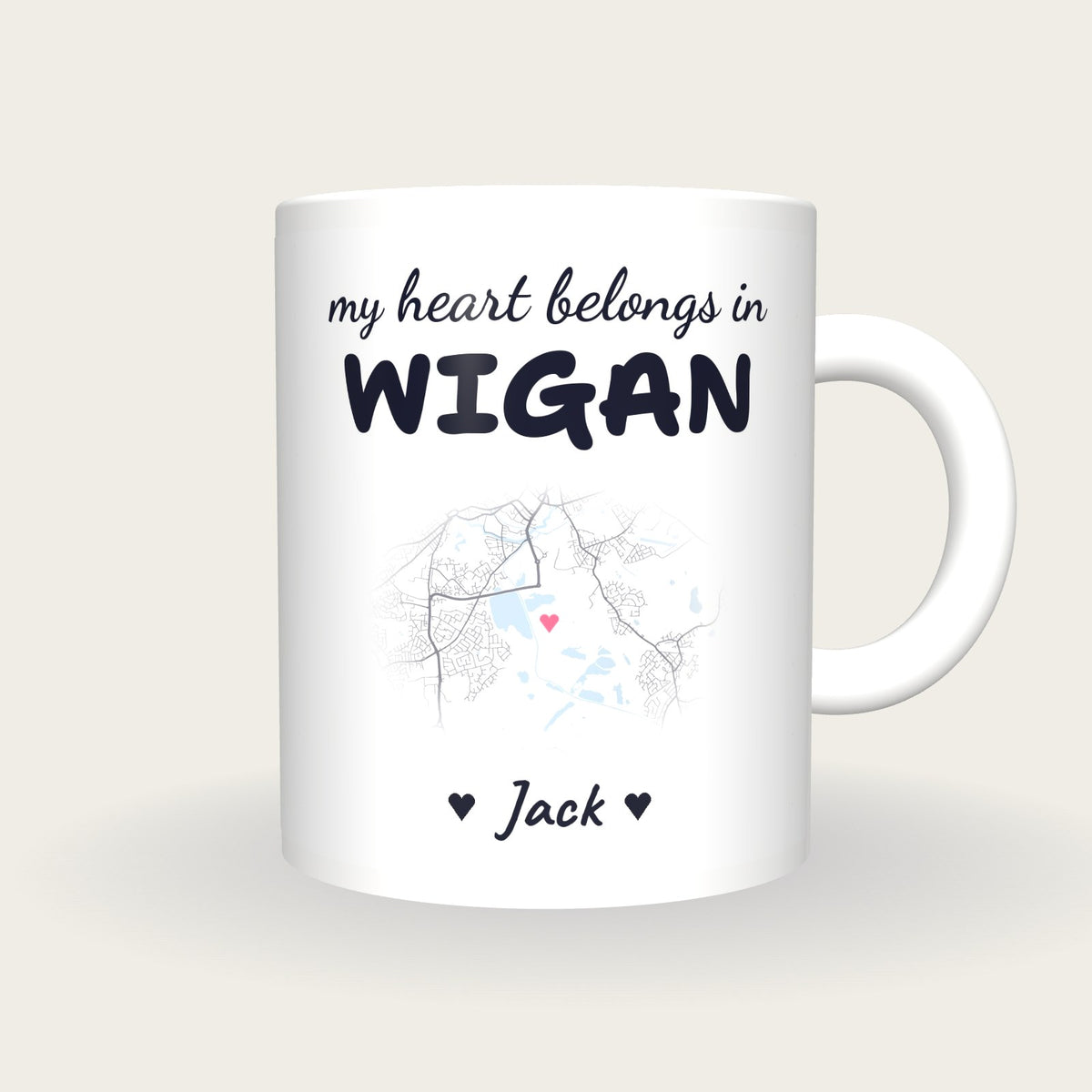 Personalised Wigan Map Mug, My Heart Belongs In Wigan, front