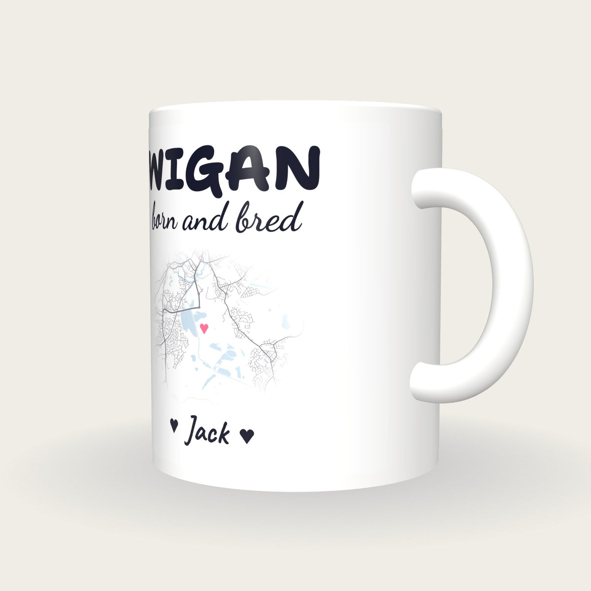 Personalised Wigan Map Mug, Wigan Born And Bred, three-quarter view