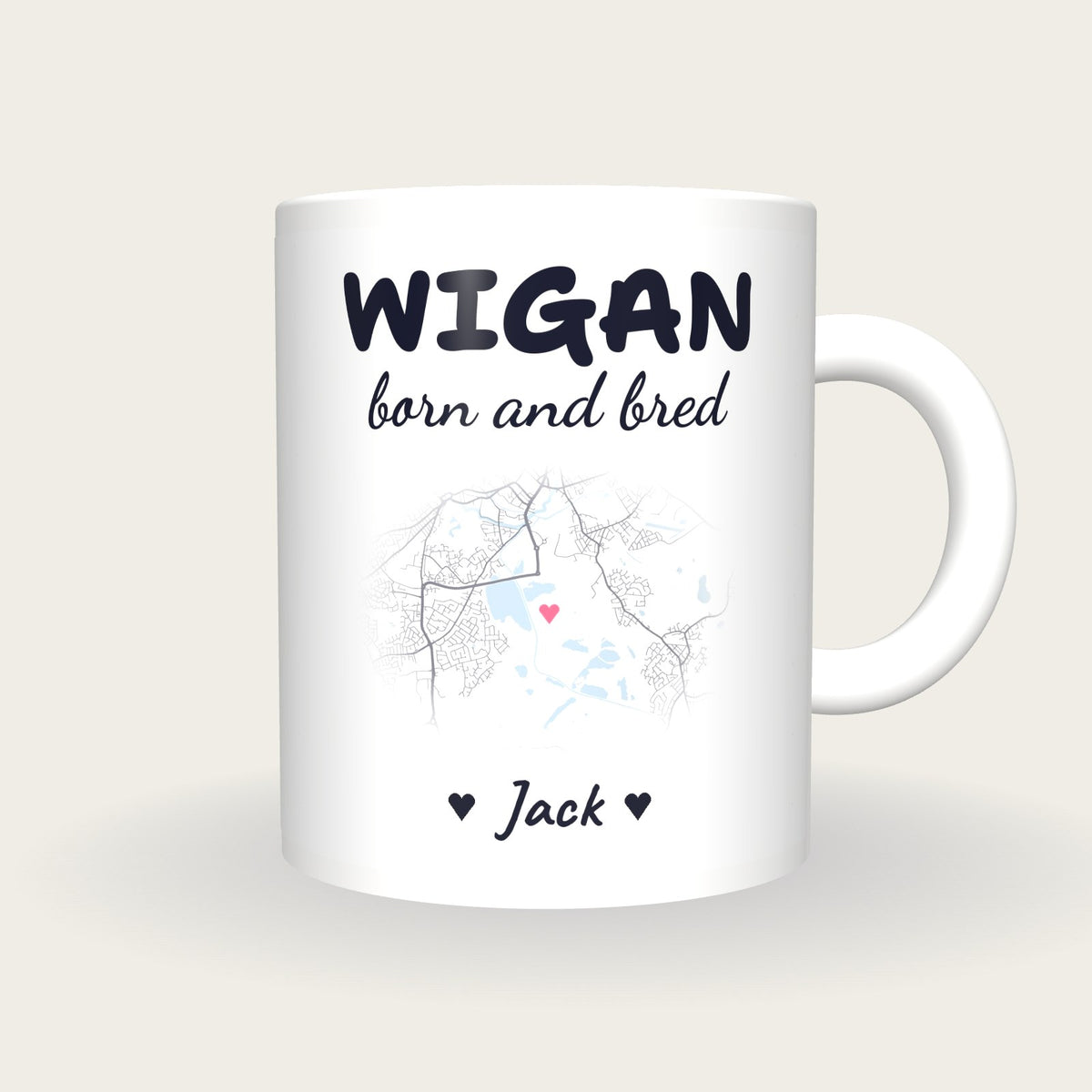 Personalised Wigan Map Mug, Wigan Born And Bred, front