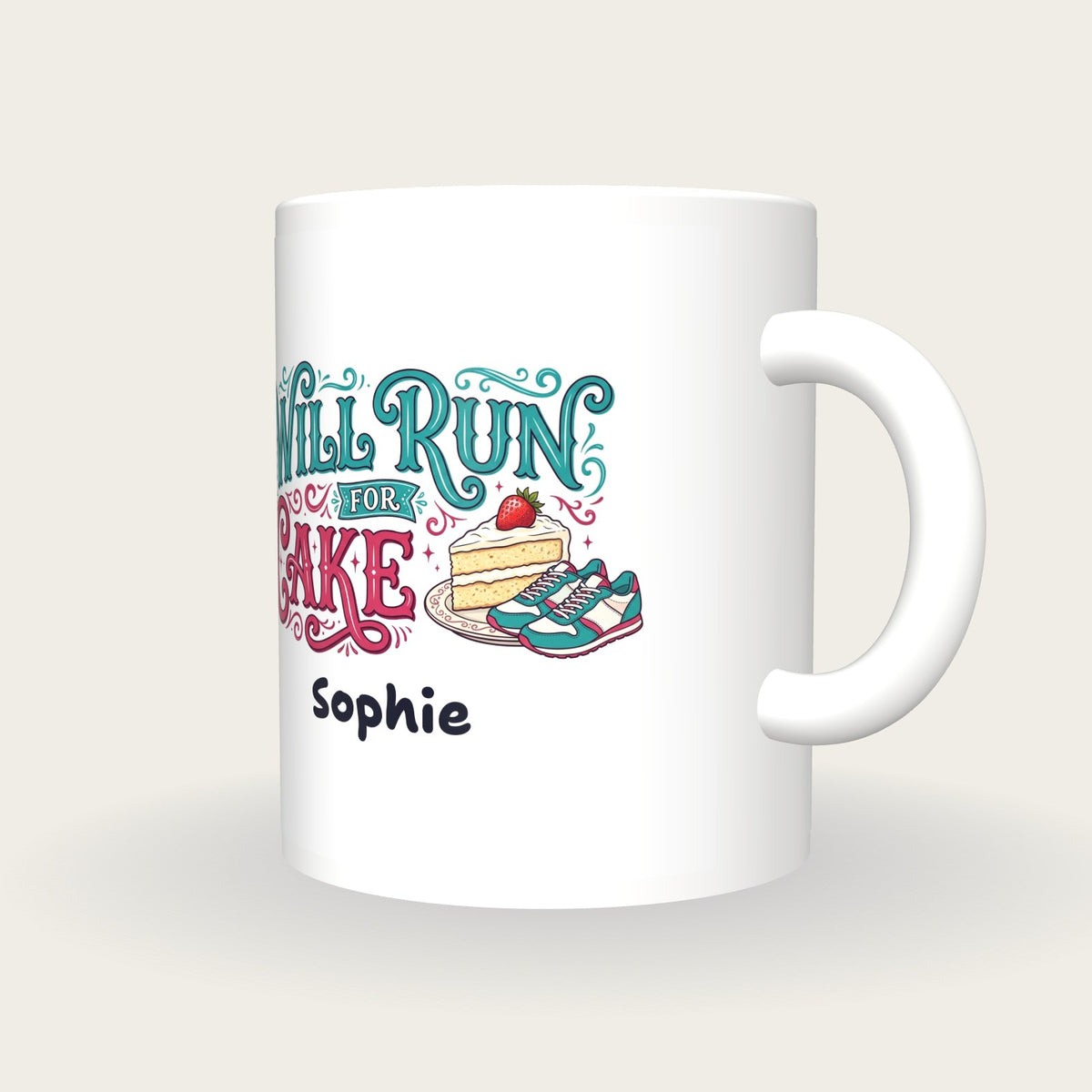 Personalised Will Run For Cake Running Mug, three-quarter view