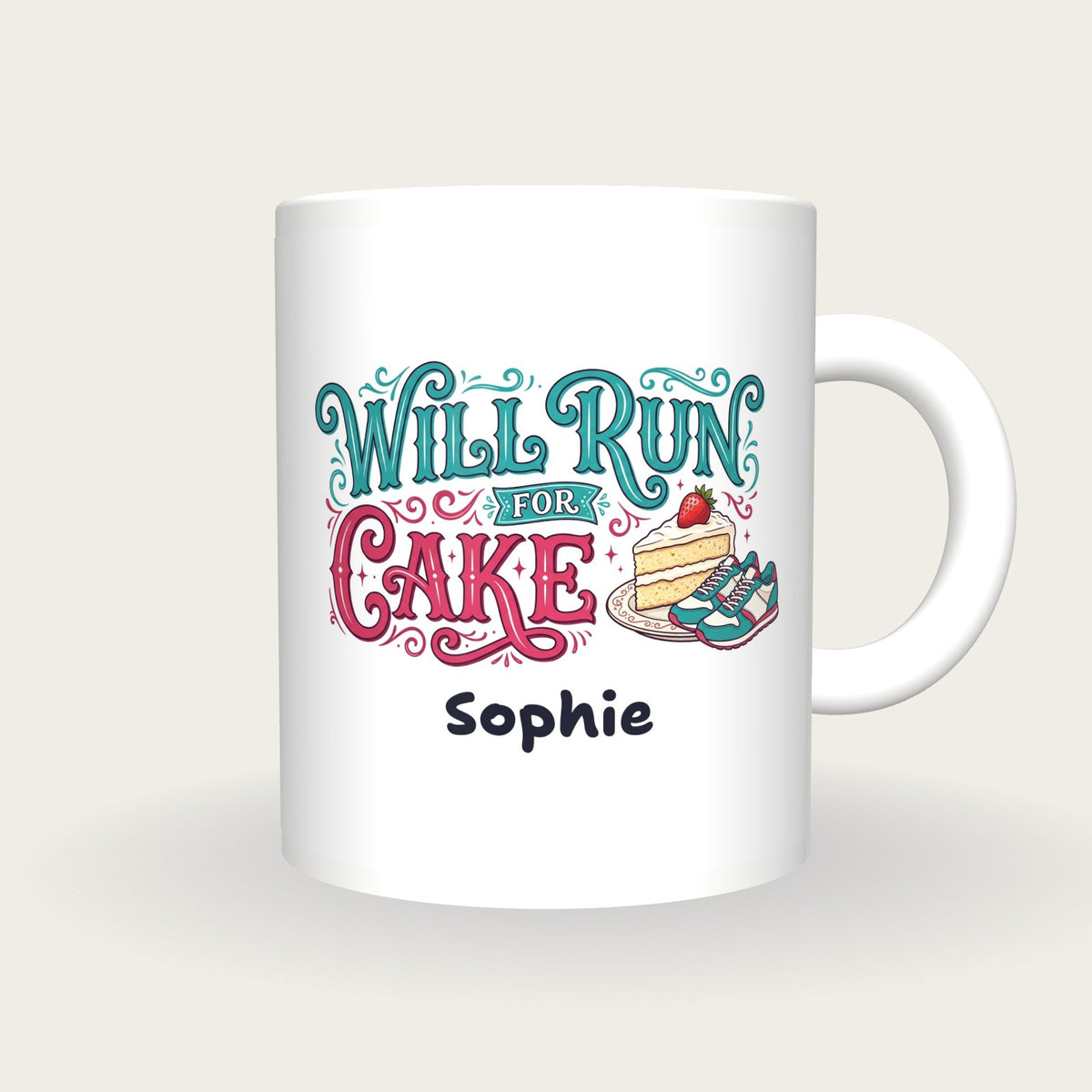 Personalised Will Run For Cake Running Mug, front