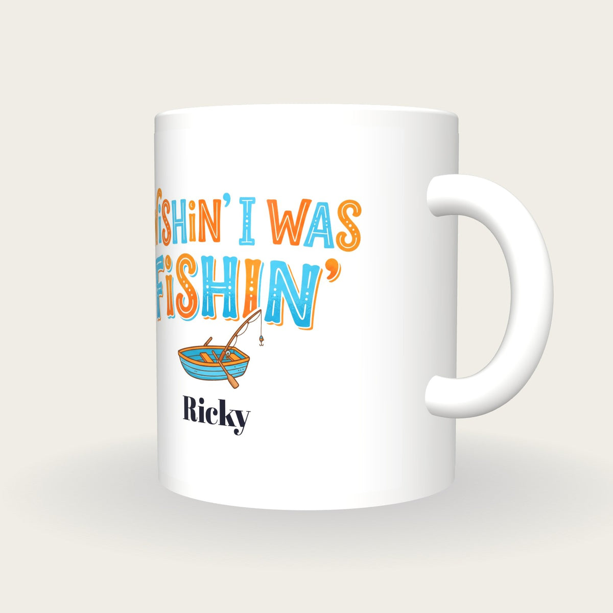 Personalised Wishin I Was Fishin Mug, three-quarter view