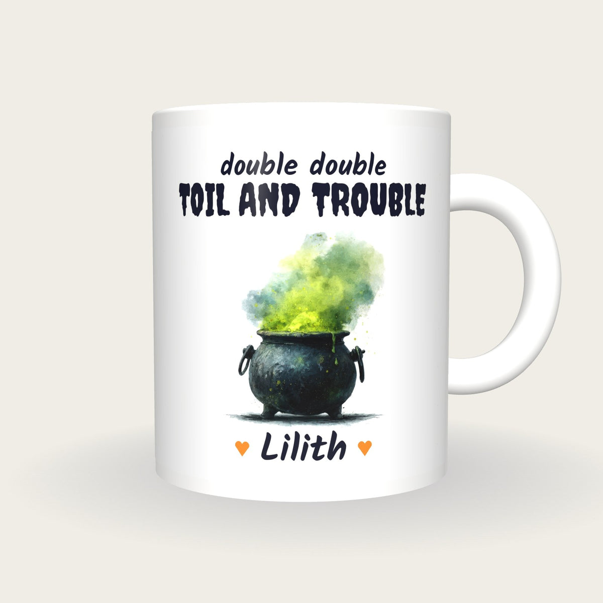 Personalised Witches Cauldron Mug, Double Double Toil And Trouble, front