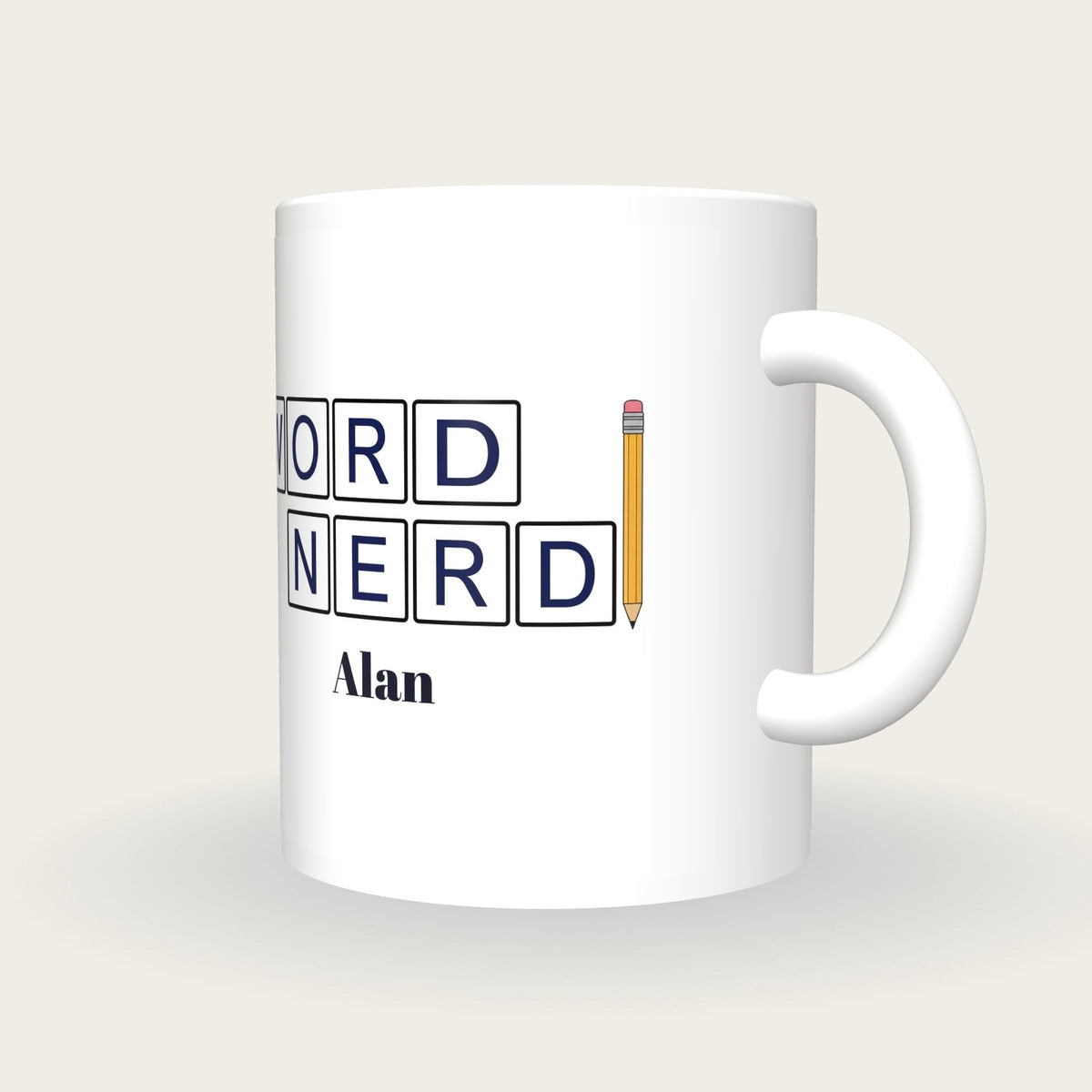 Personalised Word Nerd Crossword Mug, three-quarter view