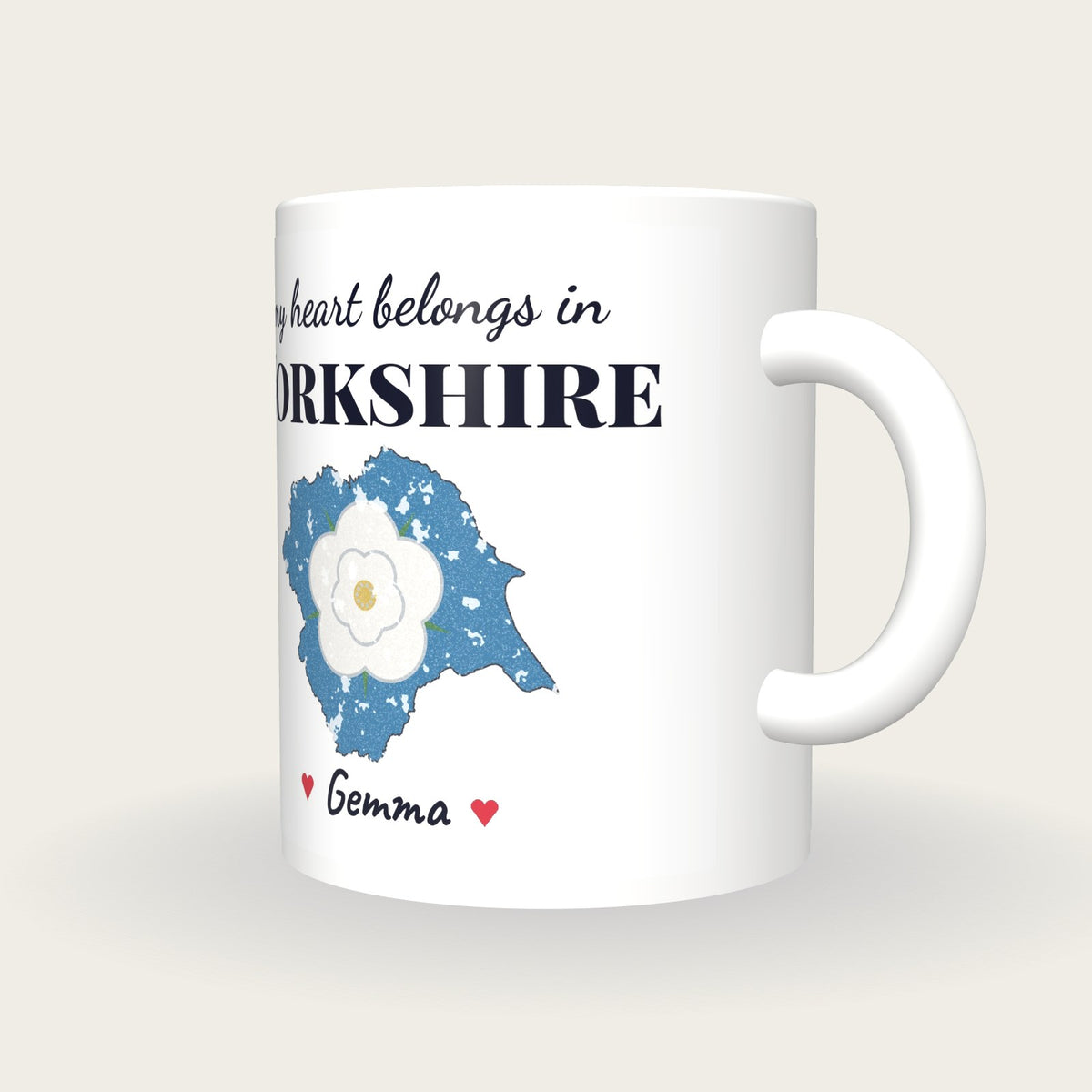 Personalised Yorkshire Map Mug, My Heart Belongs In Yorkshire, three-quarter view