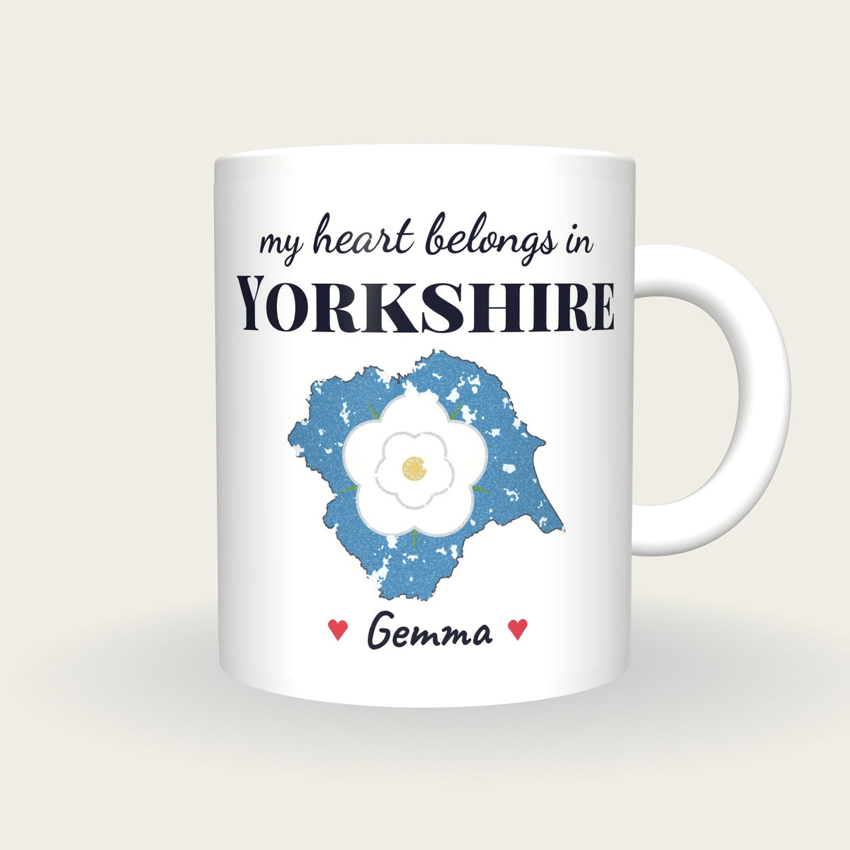 Personalised Yorkshire Map Mug, My Heart Belongs In Yorkshire, front