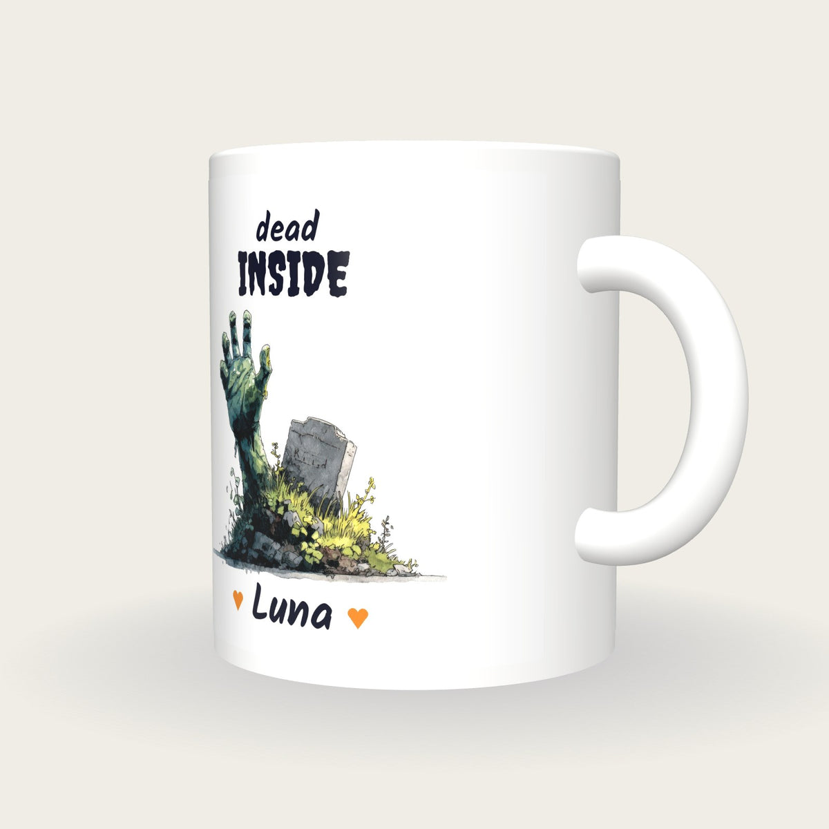 Personalised Zombie Hand Mug, Dead Inside, three-quarter view
