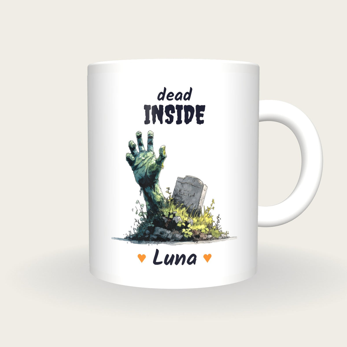 Personalised Zombie Hand Mug, Dead Inside, front