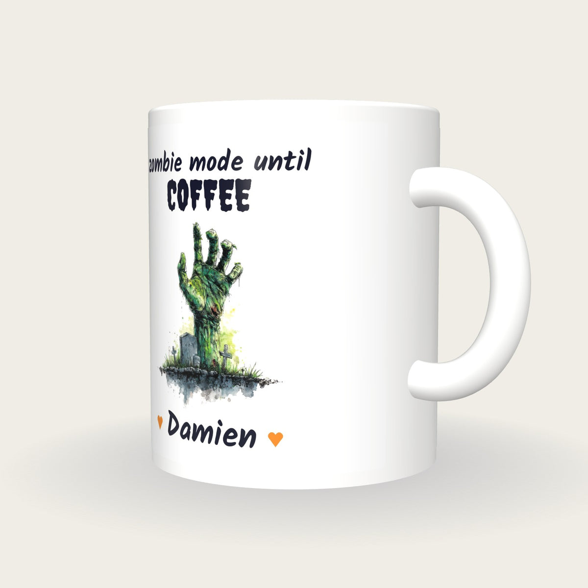 Personalised Zombie Hand Mug, Zombie Mode Until Coffee, three-quarter view