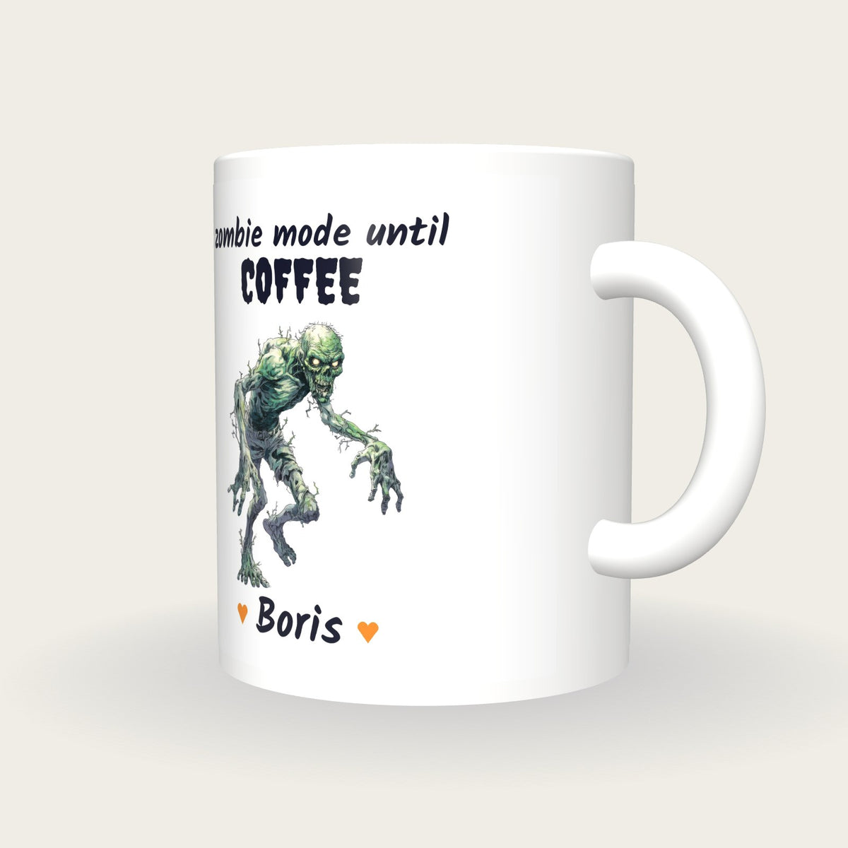 Personalised Zombie Mug, Zombie Mode Until Coffee, three-quarter view