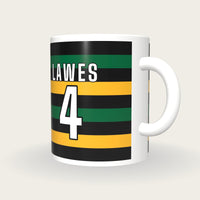 Personalised Black, Green and Gold Hoops Rugby Shirt Mug, three-quarter view
