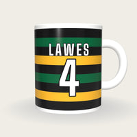 Personalised Black, Green and Gold Hoops Rugby Shirt Mug, front