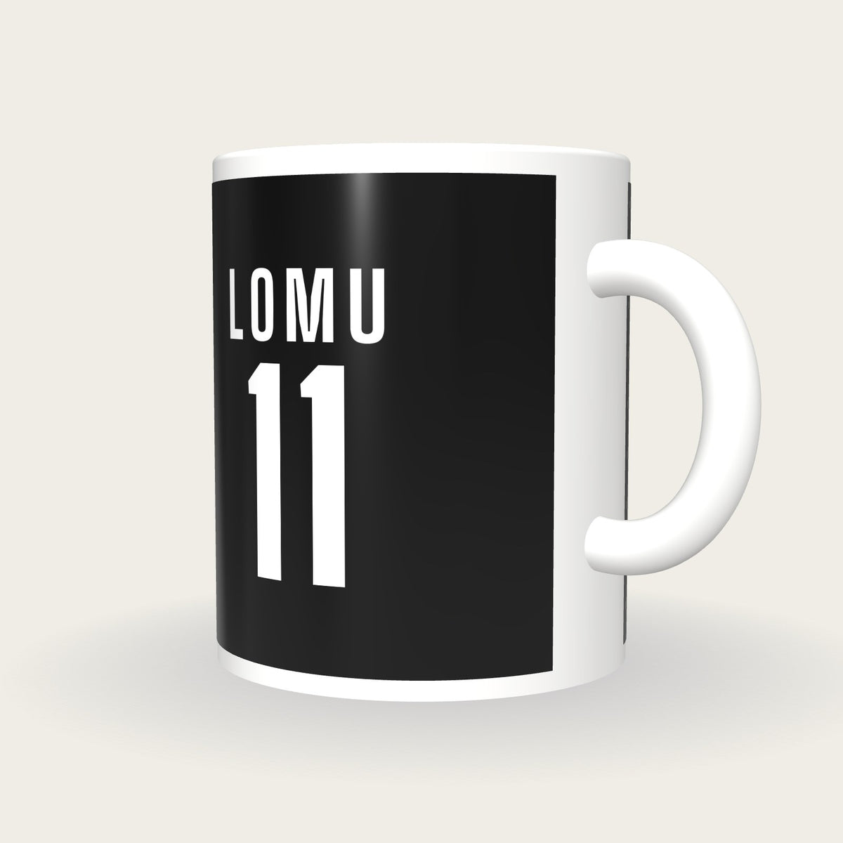 Personalised Black and White Rugby Shirt Mug, three-quarter view
