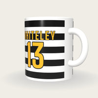Personalised Black and White Hoops Rugby Shirt Mug, three-quarter view