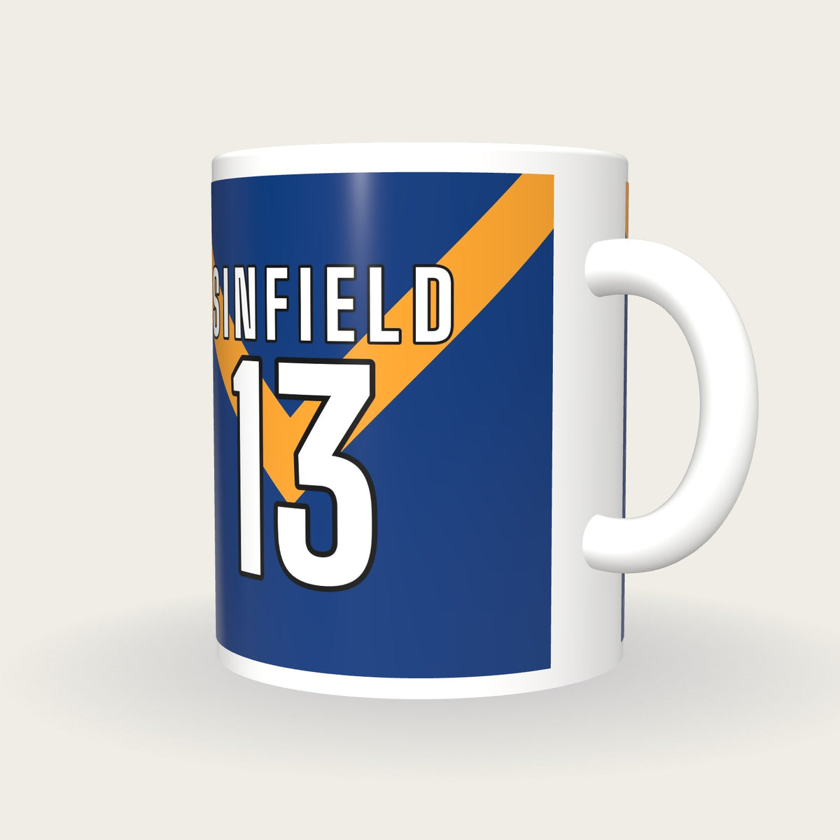 Personalised Blue with Amber Chevron Rugby Shirt Mug, three-quarter view