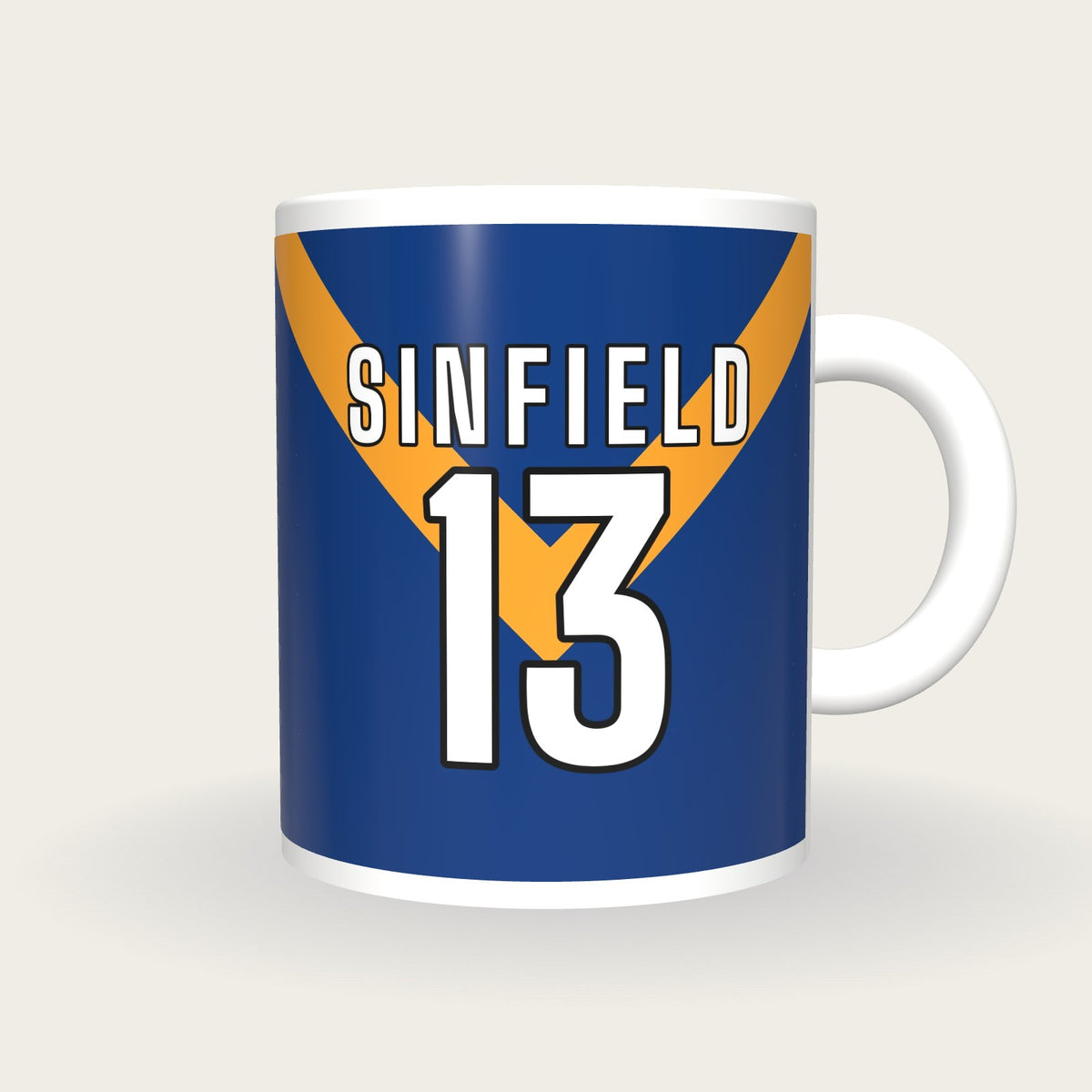 Personalised Blue with Amber Chevron Rugby Shirt Mug, front
