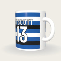 Personalised Blue, Black and White Hoops Rugby Shirt Mug, three-quarter view