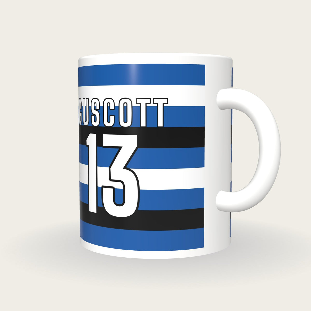 Personalised Blue, Black and White Hoops Rugby Shirt Mug, three-quarter view