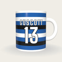 Personalised Blue, Black and White Hoops Rugby Shirt Mug, front
