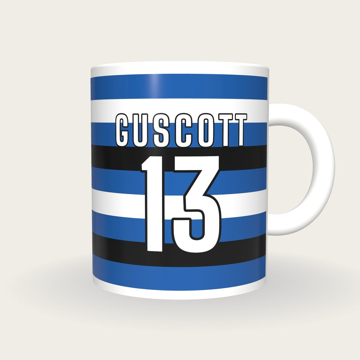 Personalised Blue, Black and White Hoops Rugby Shirt Mug, front