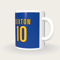 Personalised Blue and Gold Rugby Shirt Mug, three-quarter view