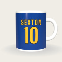 Personalised Blue and Gold Rugby Shirt Mug, front
