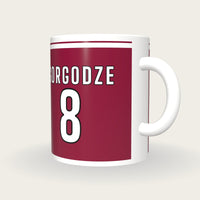 Personalised Burgundy and White Rugby Shirt Mug, three-quarter view
