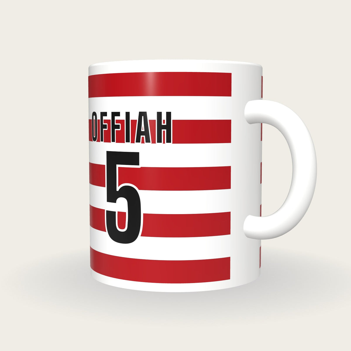 Personalised Cherry and White Hoops Rugby Shirt Mug, three-quarter view