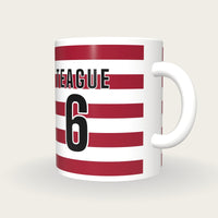 Personalised Crimson and White Hoops Rugby Shirt Mug, three-quarter view