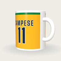 Personalised Gold and Green Rugby Shirt Mug, three-quarter view