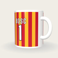 Personalised Gold and Red Stripes Rugby Shirt Mug, three-quarter view