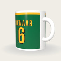 Personalised Green and Gold Rugby Shirt Mug, three-quarter view